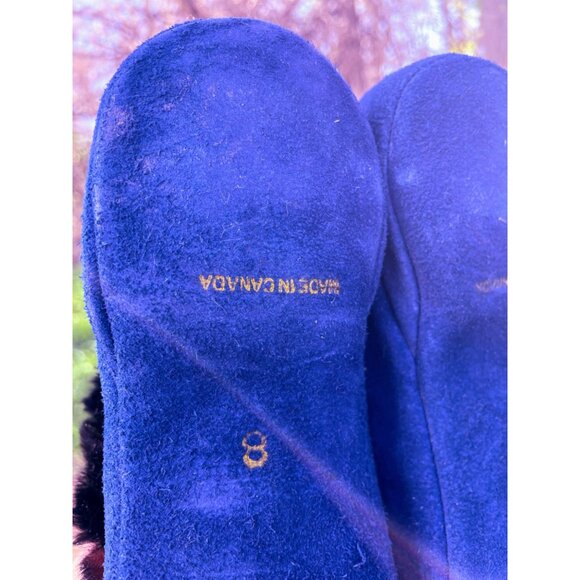 VIntage 1960s Canada Blue Red Suede Fur Womens Moccasin Slipper Sz 8 - Picture 14 of 16